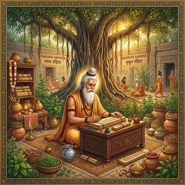 Maharshi Charaka writing Charaka Samhita & Sushruta Samhita